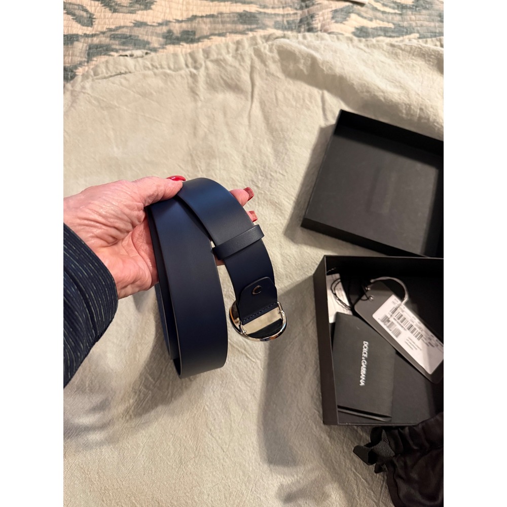 Dolce & Gabbana Navy Blue Vitello Dauphine Leather Belt Silver Oval Buckle NEW - Picture 2 of 4